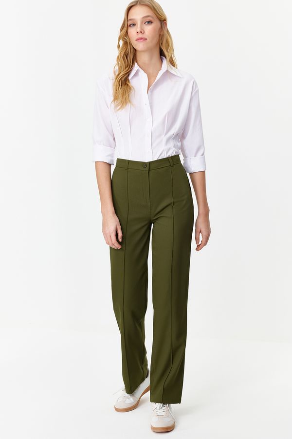 Trendyol Trendyol Khaki Straight/Straight Fit High Waist Ribbed Stitched Woven Trousers