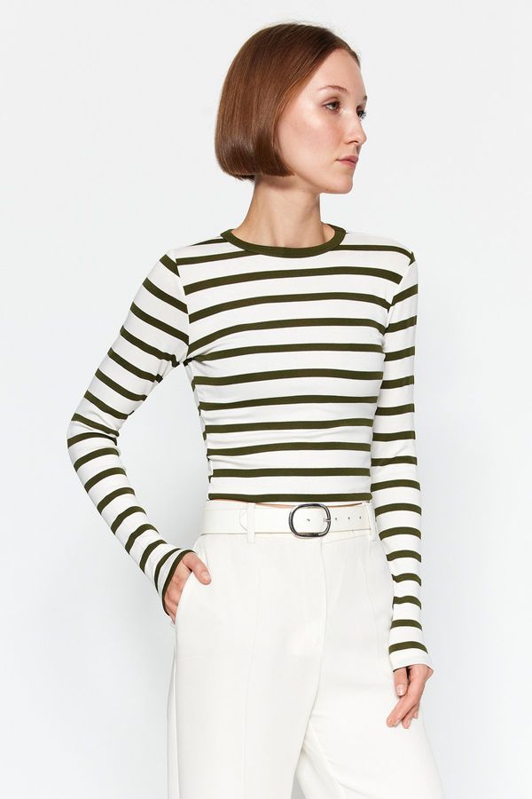 Trendyol Trendyol Khaki Stripe Premium Viscose Soft Fabric Fitted Crop Stretchy Knitted Blouse