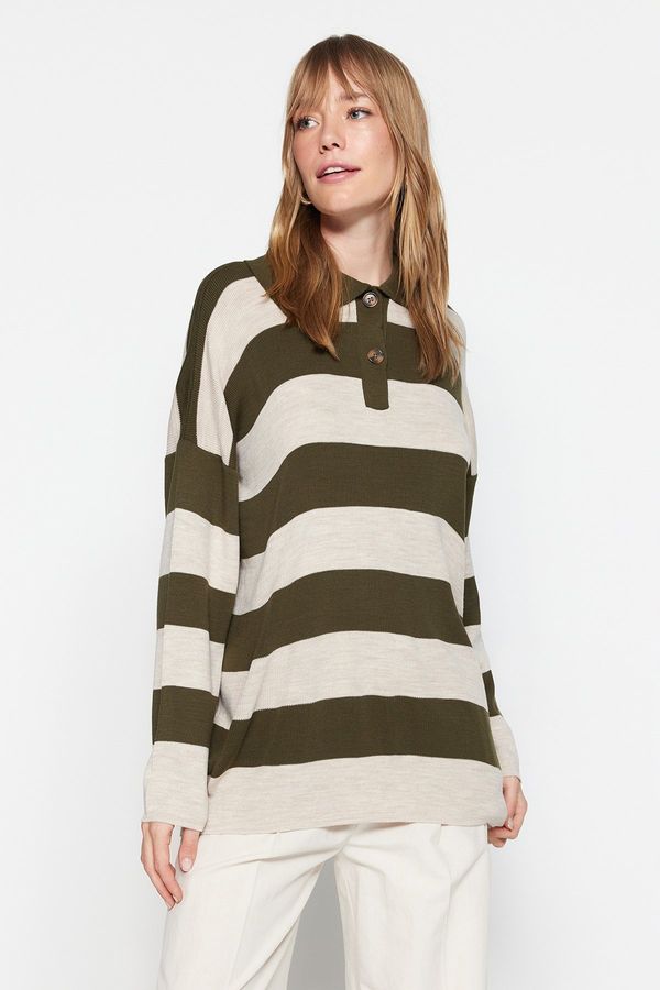 Trendyol Trendyol Khaki Striped Polo Collar Knitwear Sweater