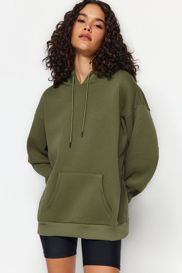 Trendyol Trendyol Khaki Thick, Fleece Inside Oversize/Wide Fit With a Hooded Basic Knitted Sweatshirt