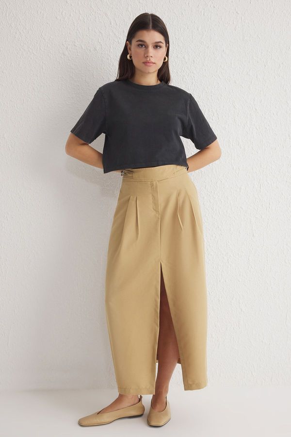 Trendyol Trendyol Khaki Waist Belt Detail Pleated Front Slit Maxi Length Woven Skirt