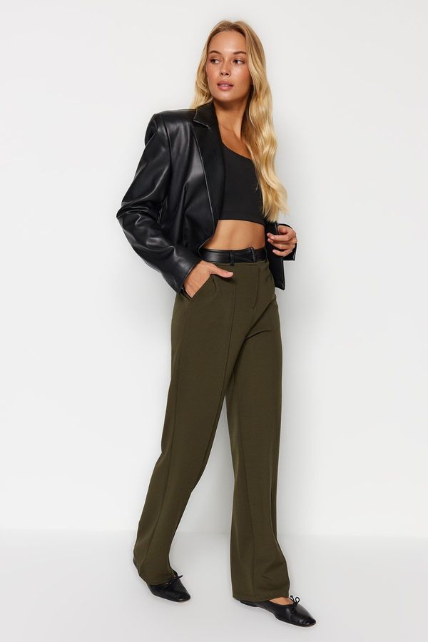 Trendyol Trendyol Khaki Waist Faux Leather Detailed Textured Fabric High Waist Straight Fit Knitted Trousers