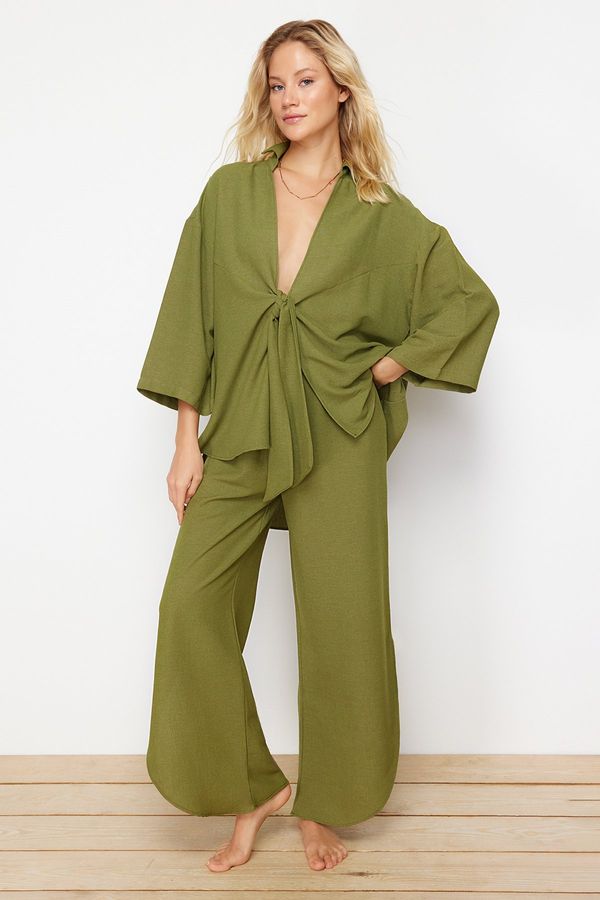 Trendyol Trendyol Khaki Woven Tie Linen Blend Shirt Trouser Suit