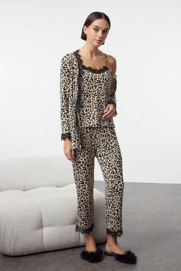 Trendyol Trendyol Leopard 3-Pack Tie and Lace Detailed Ribbed Knitted Pajama Set