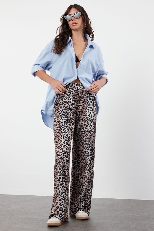 Trendyol Trendyol Leopard Printed Wide Leg/Relaxed Fit High Waist Stretch Trousers