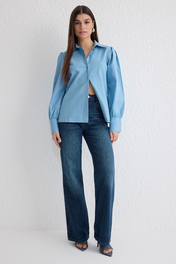 Trendyol Trendyol Light Blue Balloon Sleeve Cotton Woven Shirt