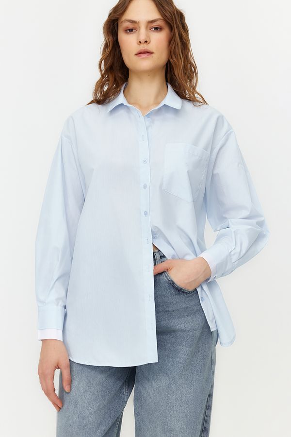 Trendyol Trendyol Light Blue Double Cuffed Oversize/Wide Fit Woven Shirt