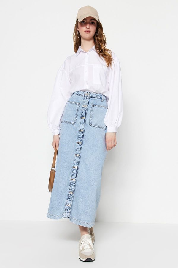 Trendyol Trendyol Light Blue Double Pocket High Waist Denim Jeans Skirt