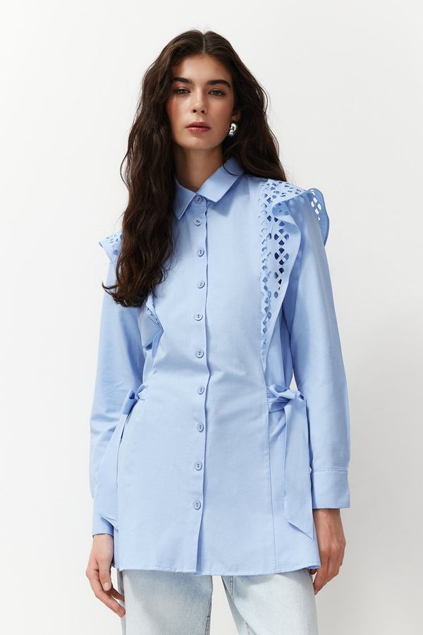 Trendyol Trendyol Light Blue Embroidered Cotton Woven Shirt