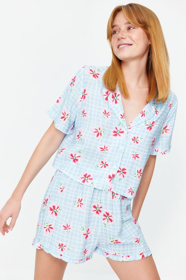 Trendyol Trendyol Light Blue Floral Pattern Viscose Shirt-Short Woven Pajamas Set