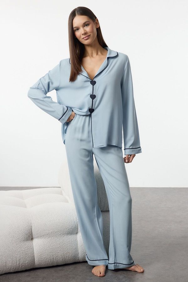 Trendyol Trendyol Light Blue Heart Ribbed Viscose Woven Pajamas Set