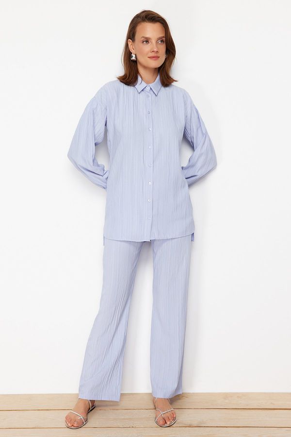 Trendyol Trendyol Light Blue Long Back Wide Leg Shirt-Pants Weave Suit