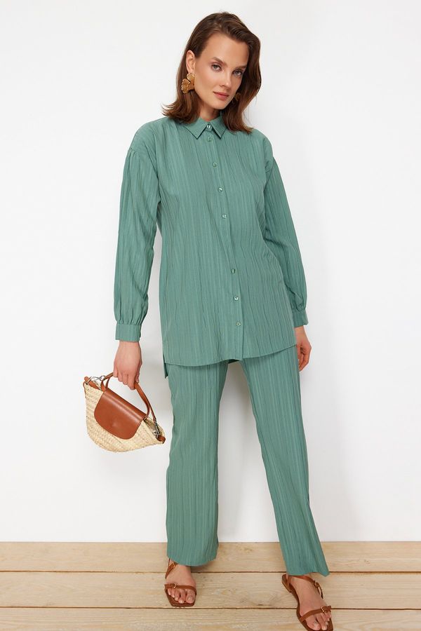 Trendyol Trendyol Light Blue Long Back Wide Leg Shirt-Pants Weave Suit