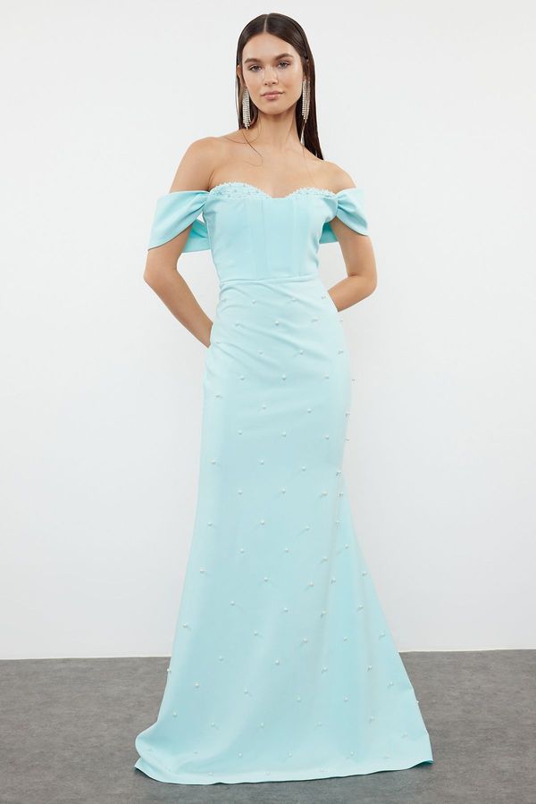 Trendyol Trendyol Light Blue Pearl Embroidered Shiny Stone Woven Long Evening Dress