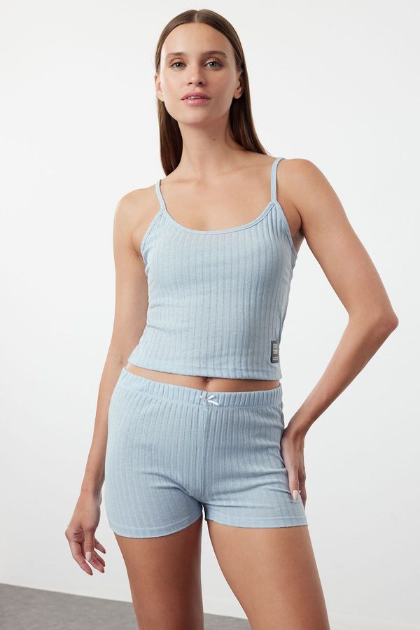 Trendyol Trendyol Light Blue Ribbon and Label Detailed Fitted Camisole Knitted Pajama Set