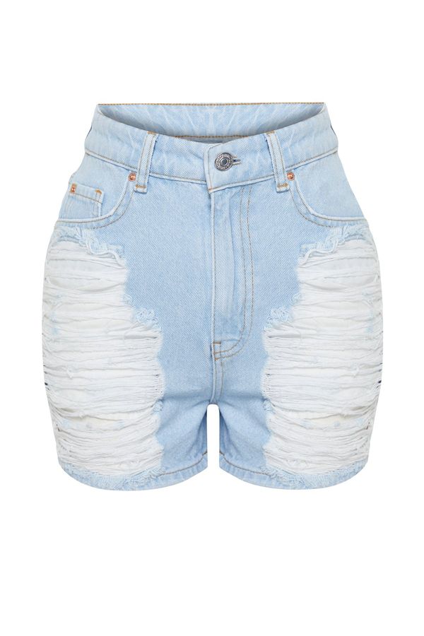 Trendyol Trendyol Light Blue Ripped High Waist Mini Denim Shorts & Bermuda