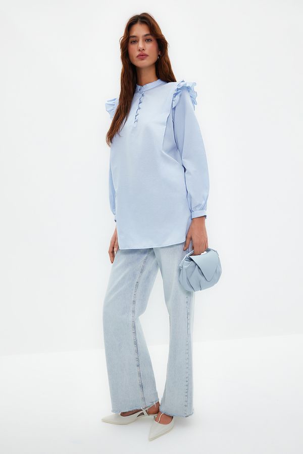 Trendyol Trendyol Light Blue Ruffle Detailed Cotton Blend Woven Shirt