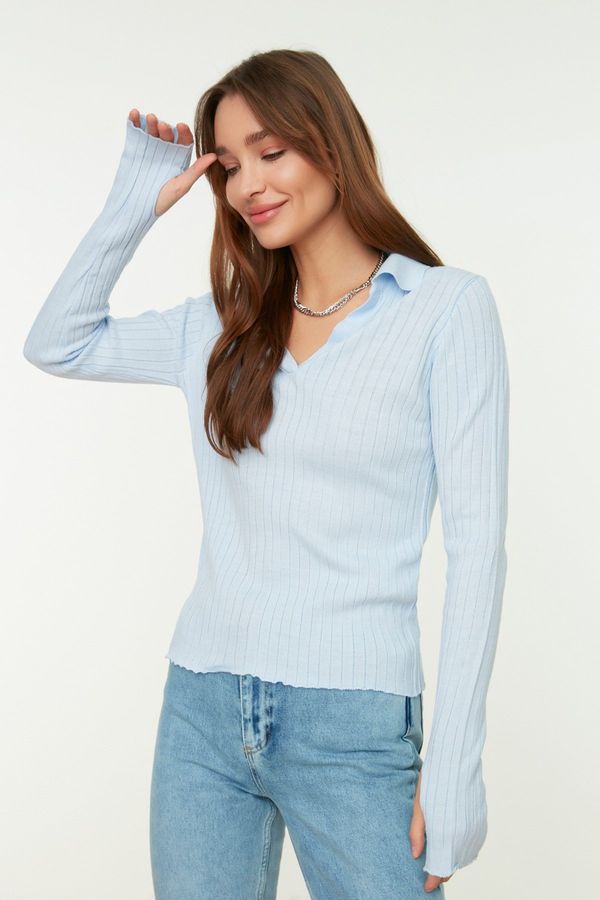 Trendyol Trendyol Light Blue Sleeve Detailed Polo Neck Knitwear Sweater