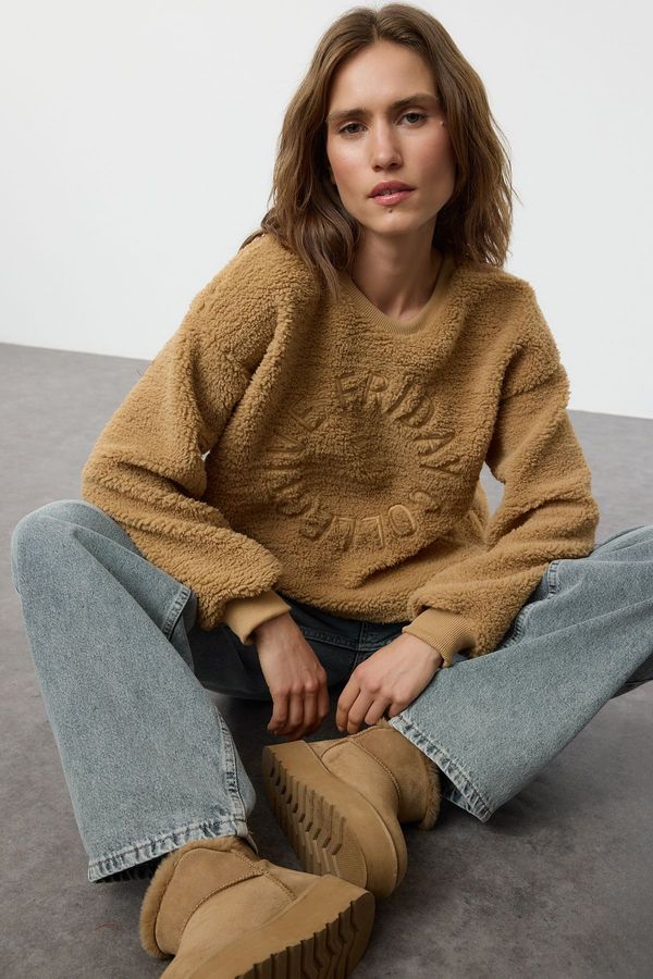 Trendyol Trendyol Light Brown Plush Embroidered Oversize/Wide Pattern Thick Knitted Sweatshirt