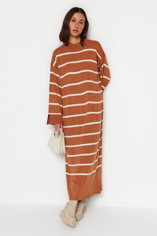 Trendyol Trendyol Light Brown Striped Knitwear Dress With Slit Detailed Sleeves