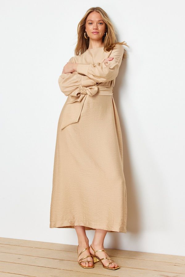 Trendyol Trendyol Light Brown Wide Belt Zipper Cuffed Woven Linen Look Dress
