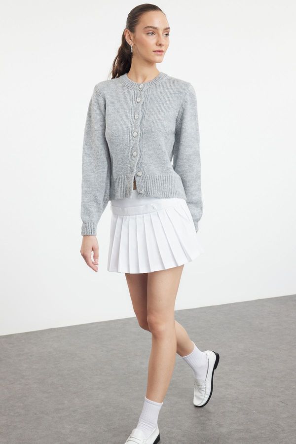 Trendyol Trendyol Light Gray Soft Textured Jewel Button Knitwear Cardigan