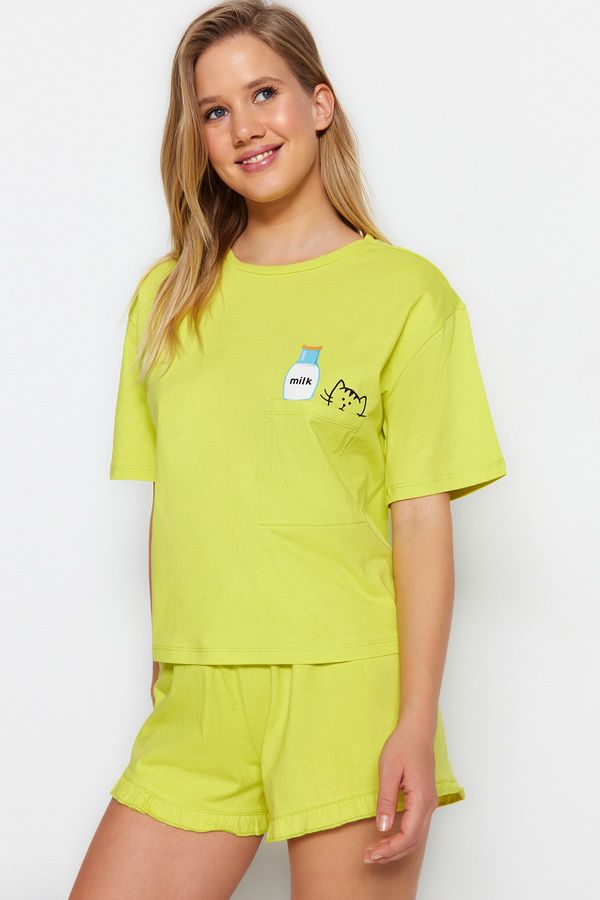 Trendyol Trendyol Light Green Cotton Printed T-shirt-Shorts Knitted Pajama Set