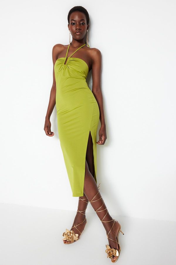 Trendyol Trendyol Light Green Fitted Lined Elegant Evening Dress with Knitted Window/Cut Out Detail