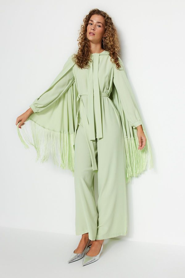 Trendyol Trendyol Light Green Tasseled Cape-Jumpsuit Evening Dress Suit