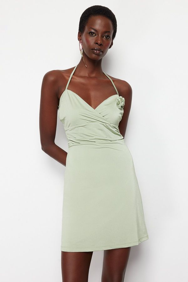 Trendyol Trendyol Light Green Waist Opening/Skater Knitted Flower Detailed Elegant Evening Dress