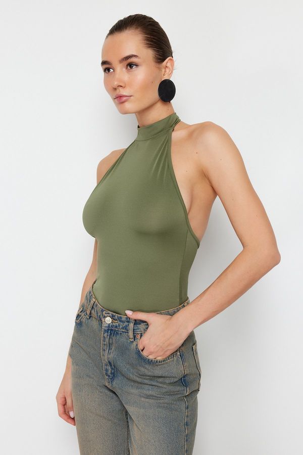 Trendyol Trendyol Light Khaki High Neck Low-Cut Back Flexible Snaps Knitted Bodysuit