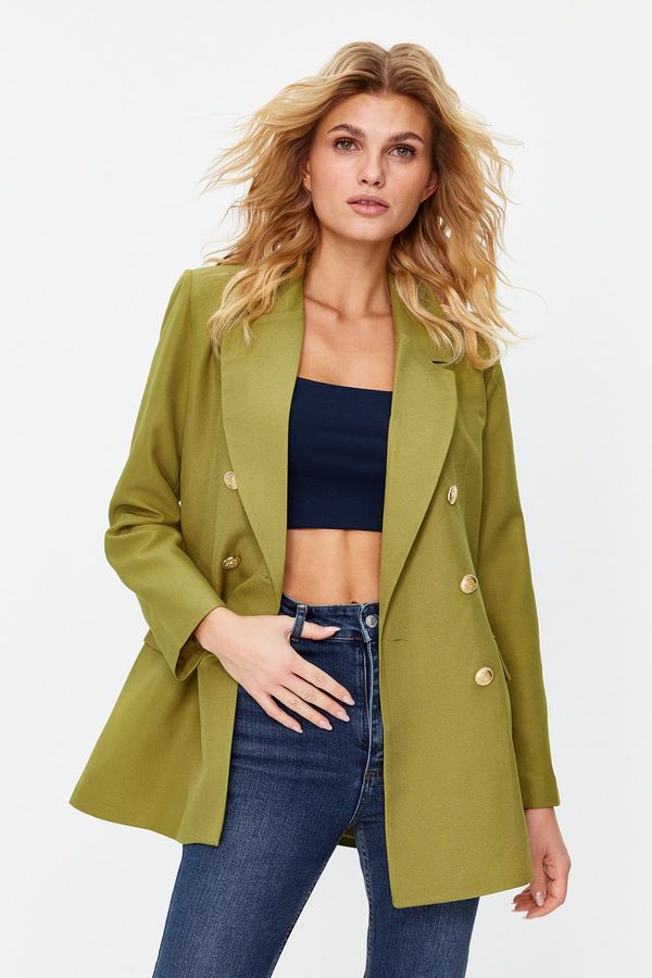 Trendyol Trendyol Light Khaki Oversize Lined Double Breasted Closure Woven Blazer Jacket