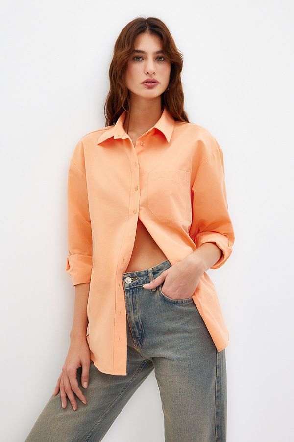 Trendyol Trendyol Light Orange Single Pocket Boyfriend Woven Cotton Shirt