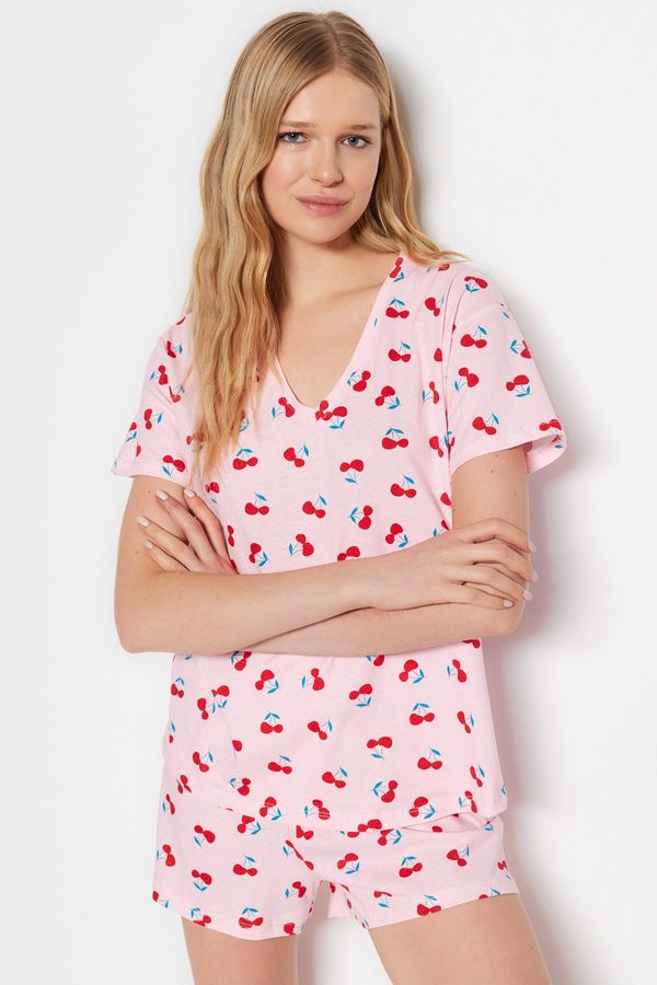 Trendyol Trendyol Light Pink 100% Cotton Cherry Patterned T-shirt-Shorts Knitted Pajama Set