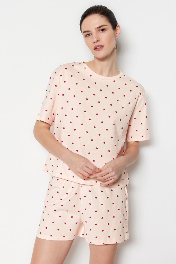 Trendyol Trendyol Light Pink 100% Cotton Heart Patterned T-shirt-Shorts Knitted Pajamas Set