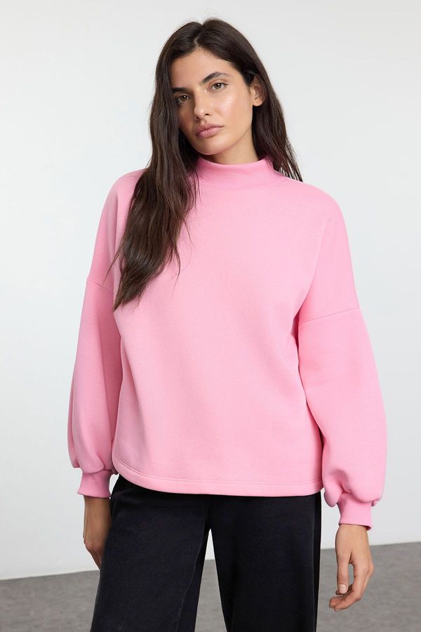 Trendyol Trendyol Light Pink Basic Oversize/Wide Pattern Turtleneck Thick Polar Fleece Knitted Sweatshirt