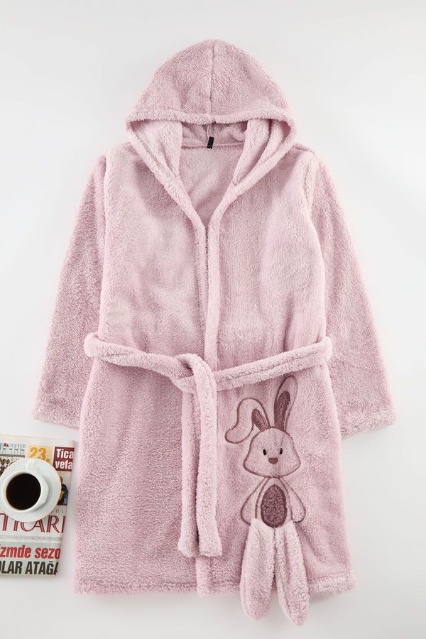 Trendyol Trendyol Light Pink Belted Animal Figure Hooded Wellsoft Winter Knitted Dressing Gown