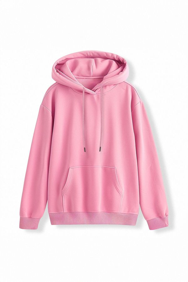 Trendyol Trendyol Light Pink Thick Polar Fleece Oversize Pattern Hooded Knitted Sweatshirt