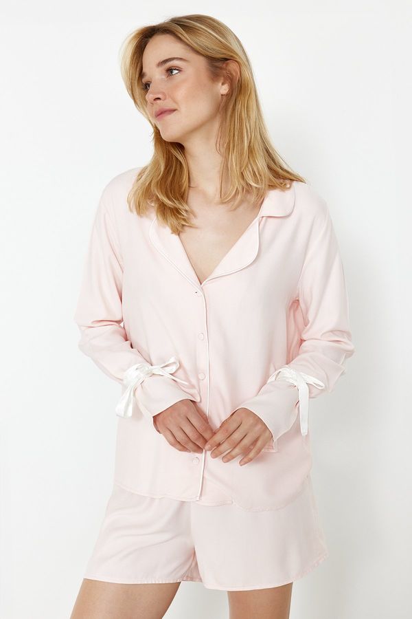 Trendyol Trendyol Light Pink Viscose Woven Pajamas Set with Lacing and Piping Detail