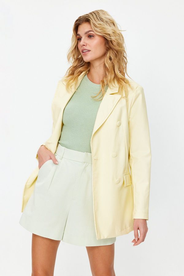 Trendyol Trendyol Light Yellow Double Breasted Closure Woven Lining Faux Leather Blazer Jacket