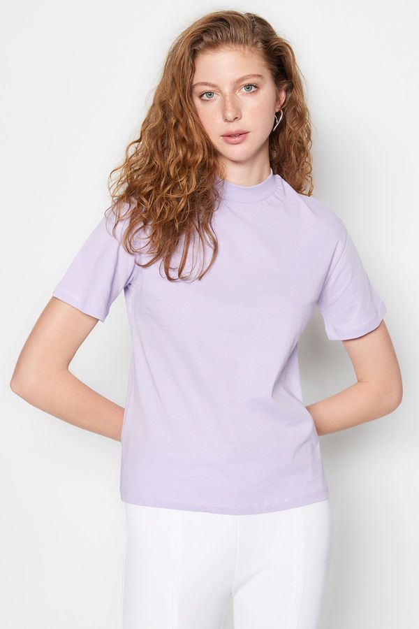 Trendyol Trendyol Lilac 100% Cotton Basic Stand-Up Collar Knitted T-shirt