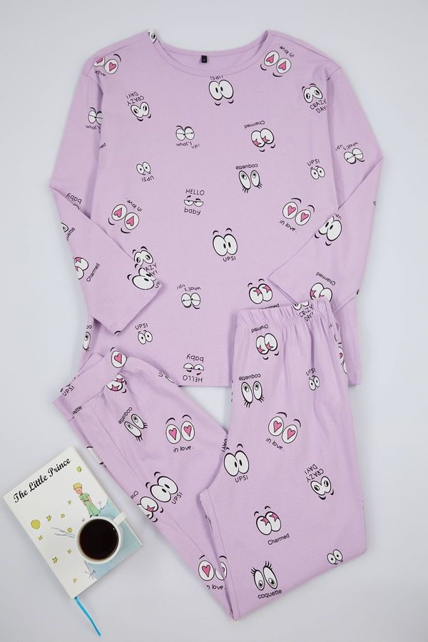 Trendyol Trendyol Lilac 100 Cotton Eye Patterned T-shirt-Jogger Knitted Pajama Set