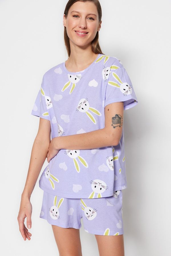 Trendyol Trendyol Lilac 100% Cotton Heart Rabbit Pattern T-shirt-Shorts Knitted Pajamas Set