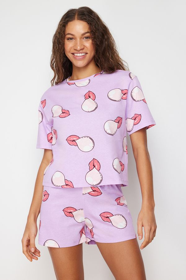 Trendyol Trendyol Lilac 100% Cotton Lip Patterned Knitted Pajamas Set