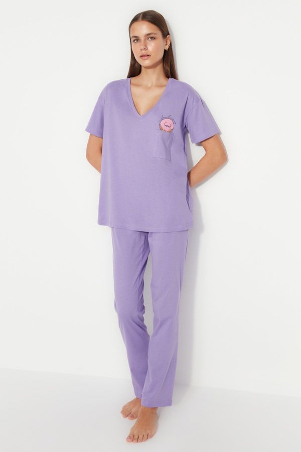 Trendyol Trendyol Lilac 100% Cotton Printed, Pocket Detailed, Wide Fit T-shirt-Set Pants, Knitted Pajamas.