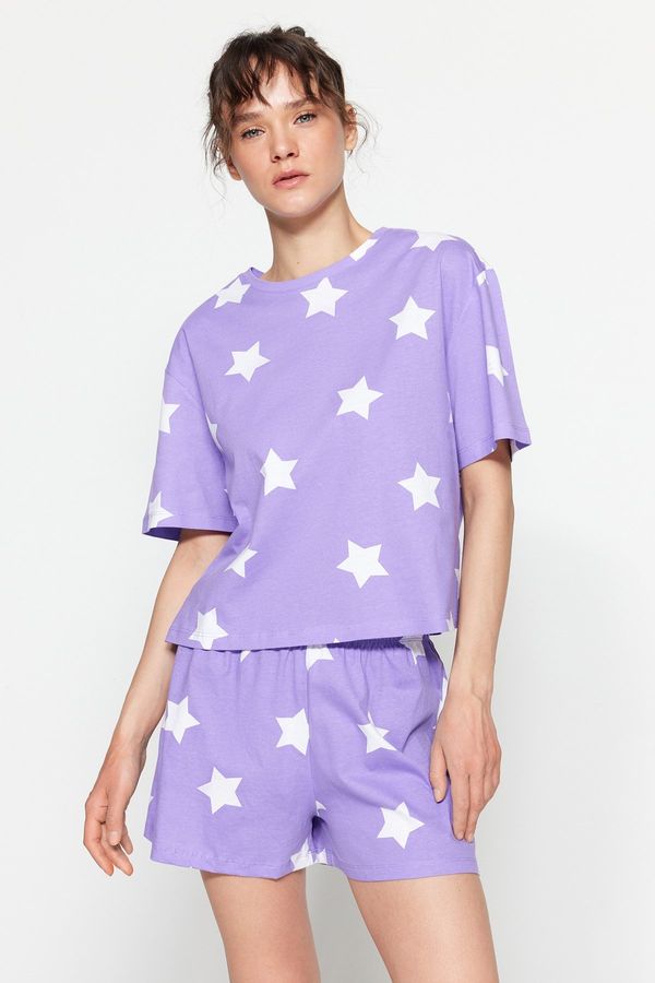 Trendyol Trendyol Lilac 100% Cotton Star Patterned T-shirt-Shorts Knitted Pajamas Set
