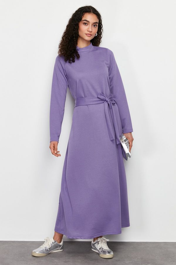 Trendyol Trendyol Lilac Belted Stand Collar Knitted Dress