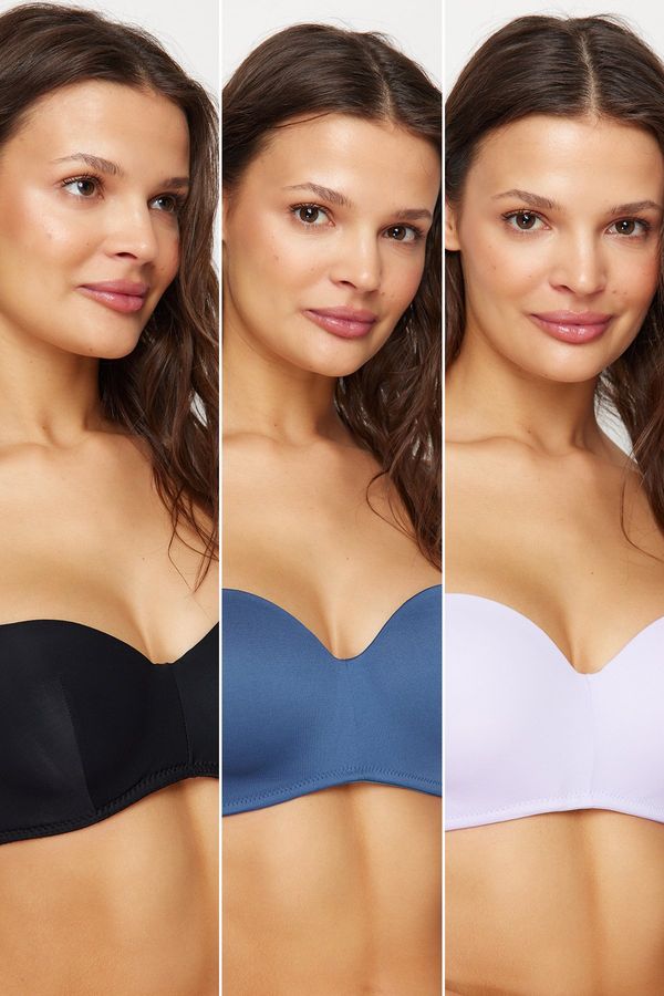 Trendyol Trendyol Lilac-Black-Dark Blue 3-Pack Polyamide Strap Covered Strapless Knitted Bra