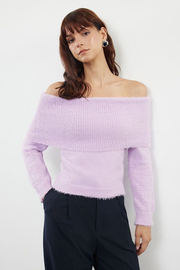 Trendyol Trendyol Lilac Carmen Neckline Hairy/Beard Thread Knitwear Sweater