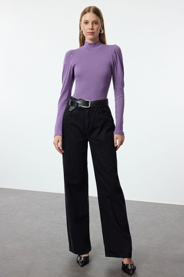 Trendyol Trendyol Lilac Fitted High Collar Balloon Sleeve Ribbed Stretchy Knitted Blouse